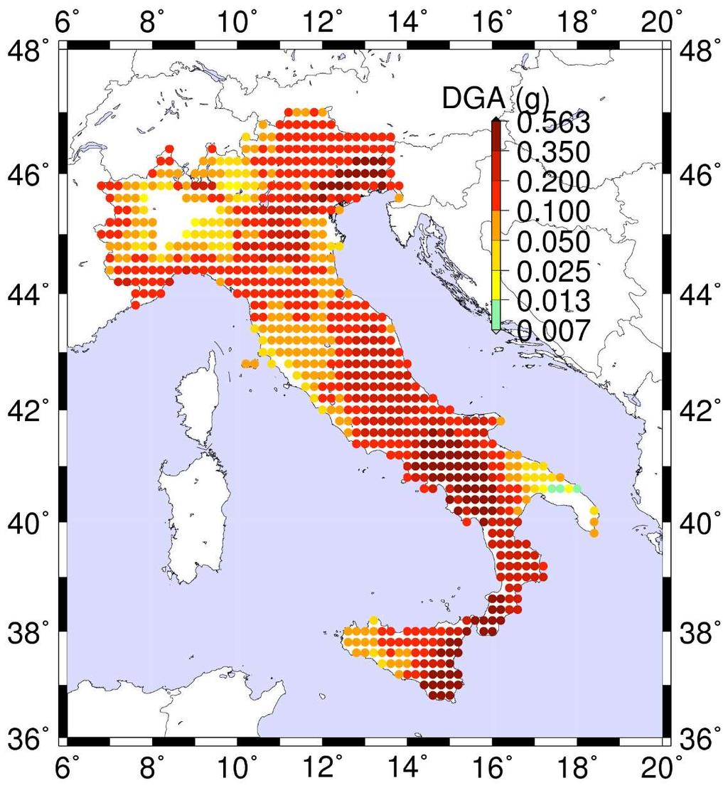 Mappa delle accelerazioni di progetto considerando sia le zone sismogenetiche