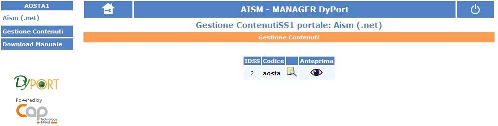 2.3 Gestione Contenuti Cliccando sul link Gestione contenuti, comparirà nella parte centrale della finestra il sottosito al quale l utente è abilitato.