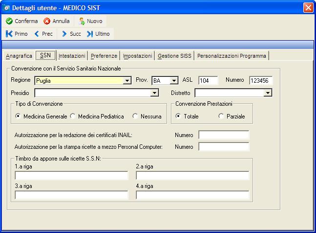 Verificare inoltre che nella scheda SSN siano valorizzate le informazioni corrette relative alla REGIONE, SIGLA PROVINCIA, CODICE ASL di appartenenza e CODICE CONVEZIONE SSN del medico Di seguito la