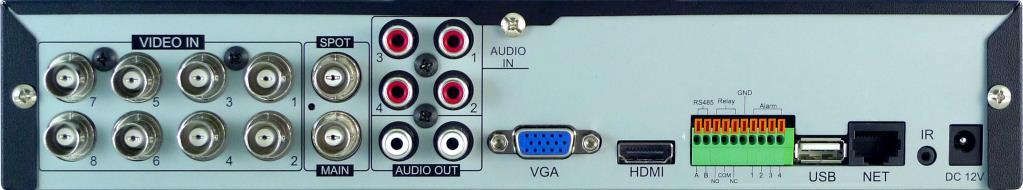 COLLEGAMENTI POSTERIORI DVR 8 INGRESSI 1 2 3 4 5 6 7 8 9 10 11 12 1 VIDEO IN 2 SPOT 3 AUDIO IN 4 MAIN 5 AUDIO OUT 6 VGA 7 HDMI 8 EXTERNAL I/O 9 USB 10 LAN 11 IR 12 DC 12V Ingresso BNC per le