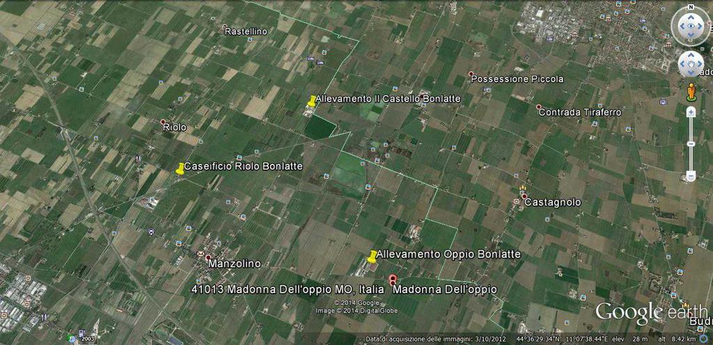 Figura 1 Localizzazione degli allevamenti Oppio e Il Castello e del Caseificio A (Bonlatte); si può notare l equidistanza dei due allevamenti rispetto al caseificio (circa 2,5 km) Tabella 1 Analisi