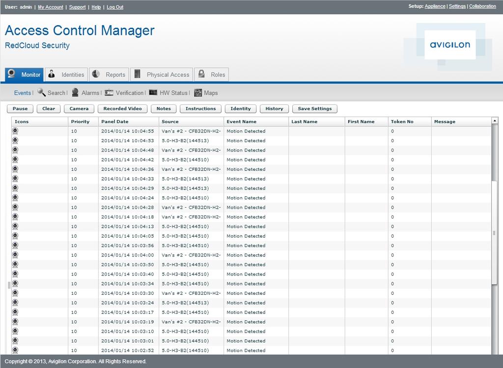 1. Nell'applicazione Access Control Manager, selezionare Monitor > Events (Monitora > Eventi). 2.
