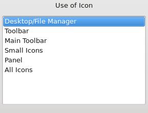 Qui puoi scegliere quale particolare uso di icone configurare, per esempio Barra degli strumenti o Pannello.