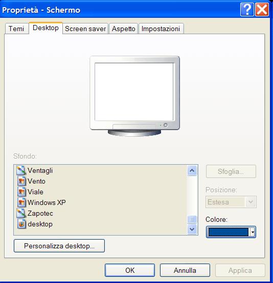 Icone del Pannello di Controllo Schermo Si ottiene anche se si clicca col destro sul Desktop e si sceglie Proprietà Si può scegliere lo sfondo del