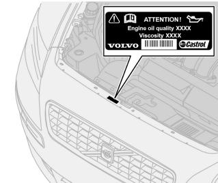 09 Manutenzione ed assistenza 09 Oli e liquidi Etichetta nel vano motore relativa al tipo di olio Controllo di olio motore e filtro dell olio Volvo raccomanda oli.