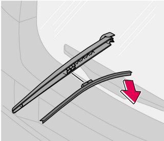 Premere il pulsante sull attacco dei tergicristalli ed estrarre tirando (1) in direzione parallela al braccio dei tergicristalli.