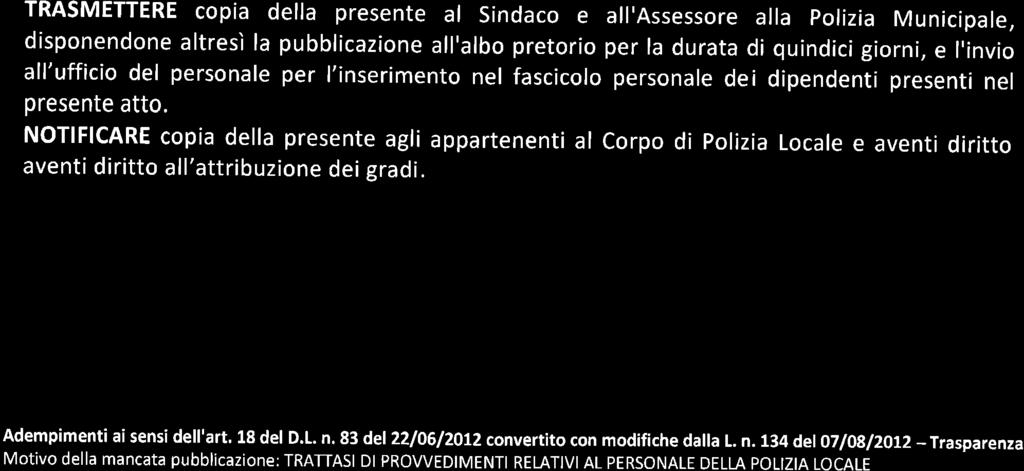 TRASMETTERE copia della presente al Sindaco e disponendone altresì la pubblicazione all'albo pretorio all'ufficio del personale per l'inserimento nel fascicolo presente atto.