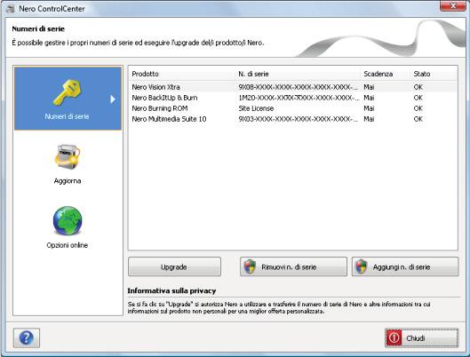 4 Numero serie Numero serie Nella schermata Numeri di serie sono visualizzati i prodotti Nero installati. È possibile immettere nuovi numeri di serie o eliminare i numeri non necessari.