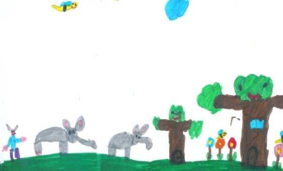 Gabriele(5 anni): Ho disegnato un respirasbuffo con le orecchie lunghe, è felice perché è nella sua terra; vicino ci sono due elefanti,