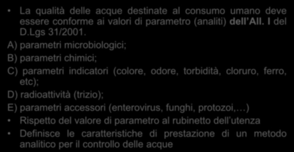 qualità delle acque destinate al consumo umano deve essere conforme ai valori di parametro (analiti) dell All. I del D.Lgs 31/2001.