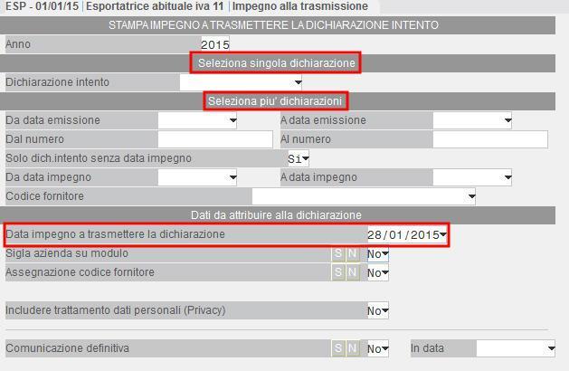 Si può stampare l impegno riferito ad una singola Dichiarazione oppure a più Dichiarazioni selezionandole tramite i filtri. E necessario valorizzare il campo Data dell impegno.