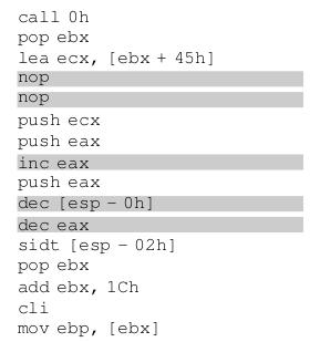 Dead-code insertion Code transposition dead-code insertion o trash insertion: aggiungere codice senza modificare il comportamento.