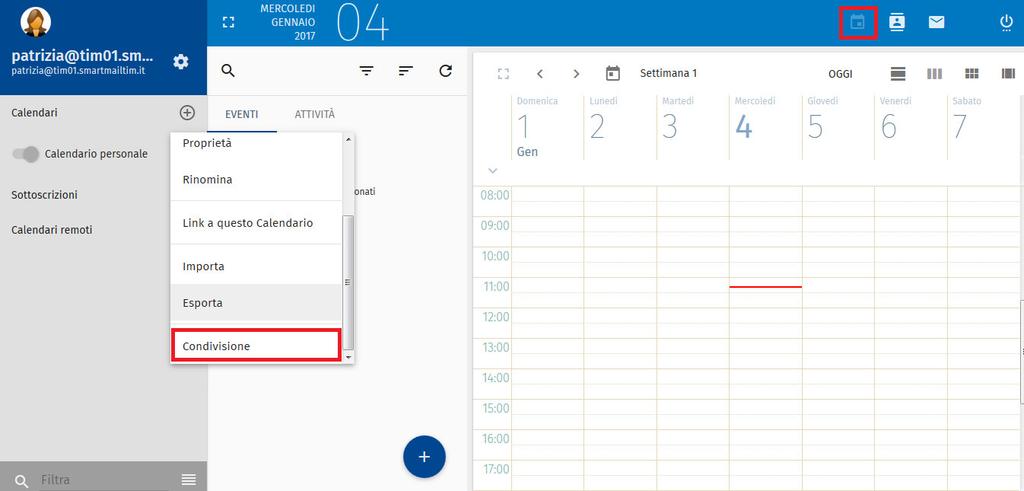 CALENDARIO Posizionandosi nella sezione Calendario (prima icona in alto a destra) e cliccando l icona con tre punti verticali a fianco di Calendario Personale, è possibile selezionare il comando