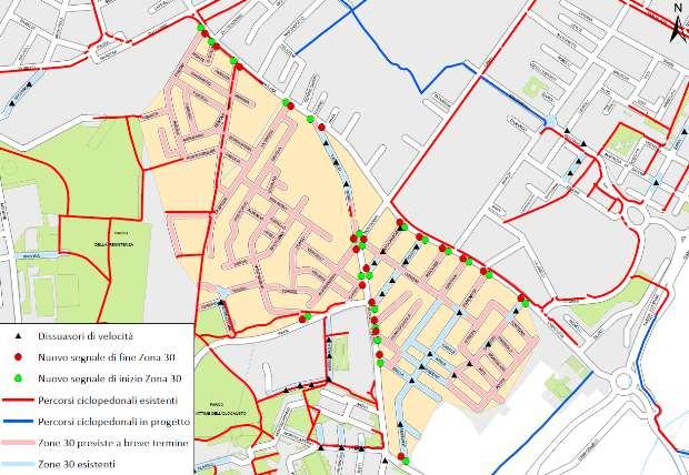 PARTE II PIANO DEGLI INTERVENTI breve periodo Estensione delle Zone 30 Il piano prevede la realizzazione o il completamento di 8 zone 30 in aree della città caratterizzate da elevata residenzialità,