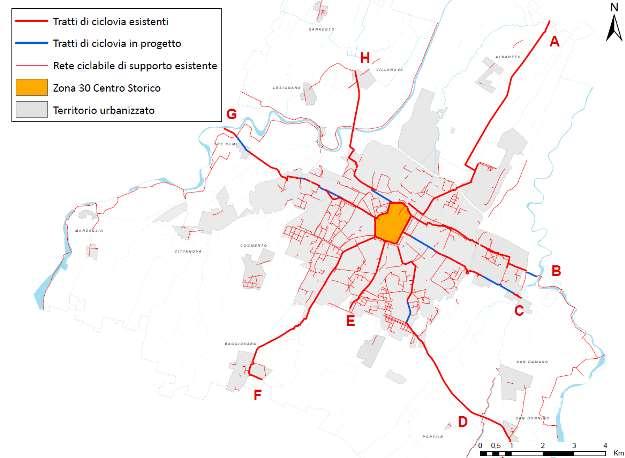 PARTE I QUADRO CONOSCITIVO Consistenza della rete ciclabile e ciclo-pedonale Le Ciclovie in ambito comunale Ciclovia Lunghezza complessiva dei tratti esistenti [km] Completamento Anello Centrale 3,7