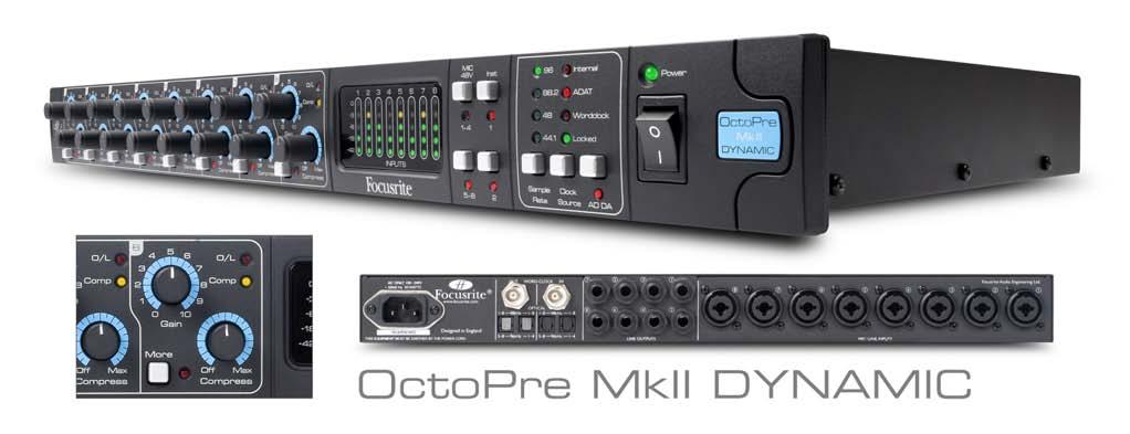 OctoPre MKII Dynamic OctoPre MkII Dynamic è caratterizzato da 8 canali della leggendaria preamplificazione microfonica Focusrite, con un nuovo compressore VCA su ogni canale basato sul carattere del
