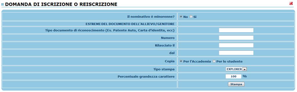 possibile generare una stampa della domanda di rinnovo iscrizione, scegliendo l'opzione dal menu a tendina il tipo di stampa e cliccare su "Stampa".