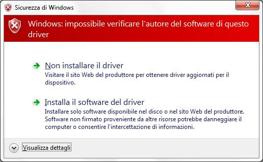 Select "Install this driver software anyway" to continue the installation: Premere il tasto