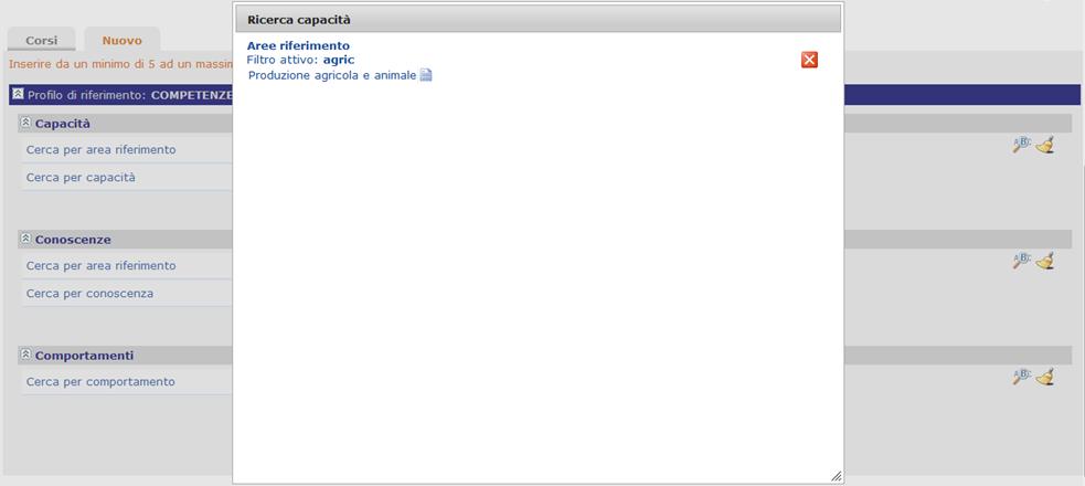 La ricerca può essere eseguita per Area di riferimento o per singola capacità, conoscenza o comportamento.