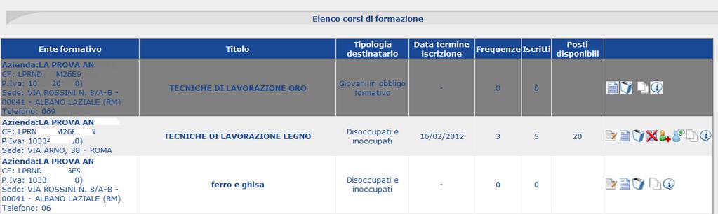 3.3 Gestione di un corso validato L attivazione di un corso da parte del Settore Formazione della Provincia di Roma determina l abilitazione di nuovi tasti in corrispondenza del corso, nello