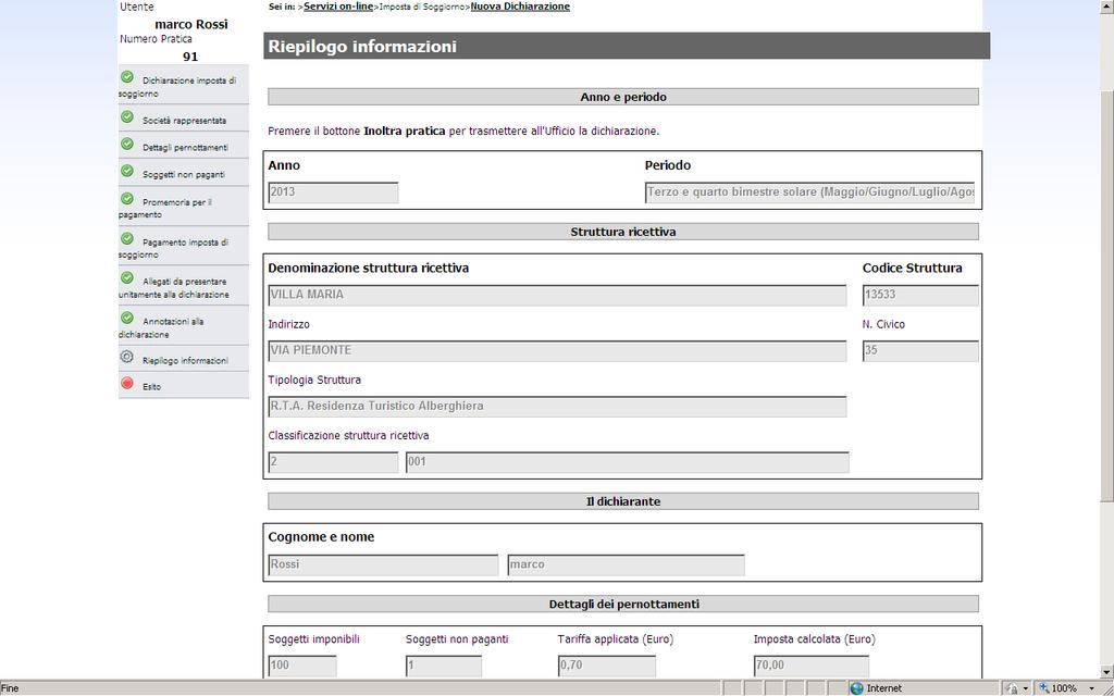 Sei in > Nuova Dichiarazione Imposta di soggiorno Nono punto Riepilogo informazioni Pagina di sola visualizzazione.
