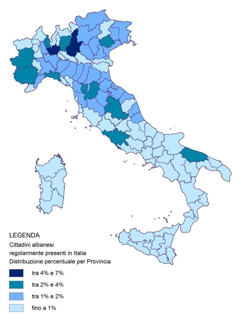 La comunità albanese in Italia: presenza e caratteristiche 25 Nel Sud del paese risiede poco più di un decimo della comunità in esame, un valore lievemente inferiore a quello riferito al complesso