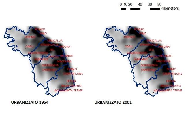 VARIAZIONE GEOGRAFICA DELL URBANIZZATO (Kernel Density) Effetti di incremento di urbanizzato nei principali ambiti vallivi, in prossimità delle zone pianeggianti e delle fasce costiere.