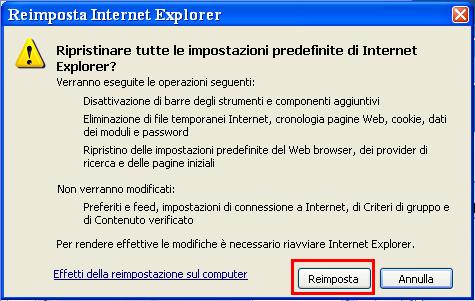 e confermare Reimposta anche nella