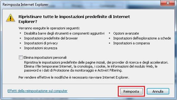 e confermare Reimposta anche nella finestra successiva