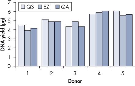 Confronto di prestazioni È stato eseguito un confronto di prestazioni fra il sistema QIAsymphony DSP DNA Blood, il sistema DSP DNA Blood e la procedura di preparazione manuale con il kit QIAamp DNA