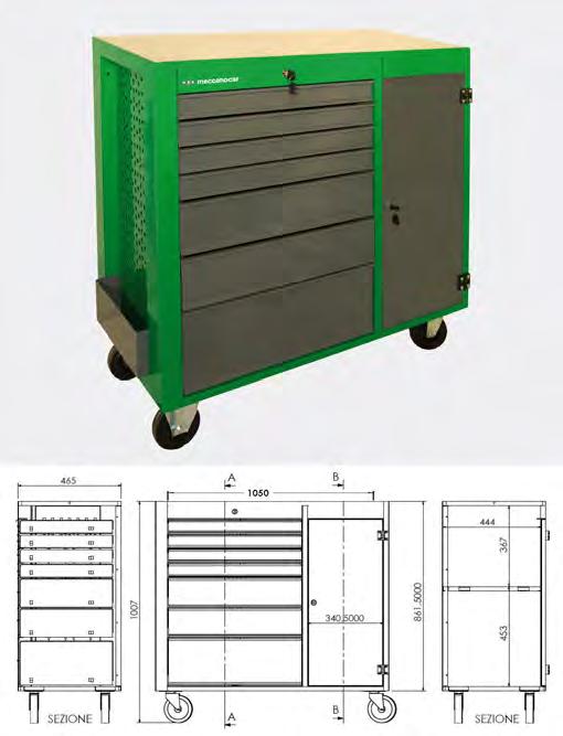 Carrello Cargo 7 cassetti Carrello portautensili a 7 cassetti+anta portaoggetti. Con chiusura centralizzata. 4 cassetti piccoli formato 576x415x60mm. 2 cassetti medi formato 576x415x0mm.