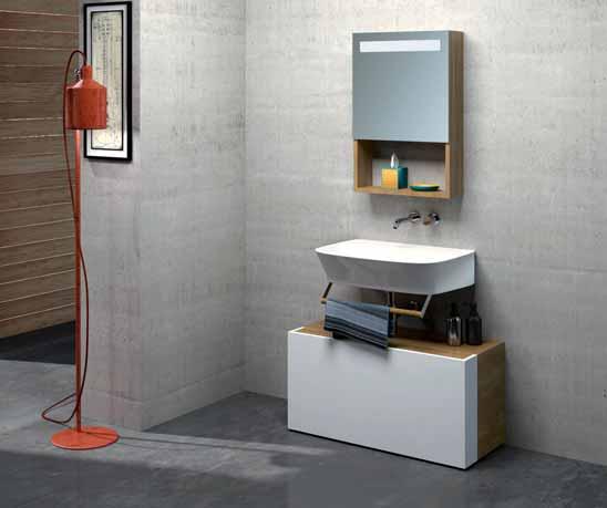 01. 02. lavabo sospeso cm 75x45 PRU 275. Mobile sospeso STIVA con 2 cassetti bianchi.