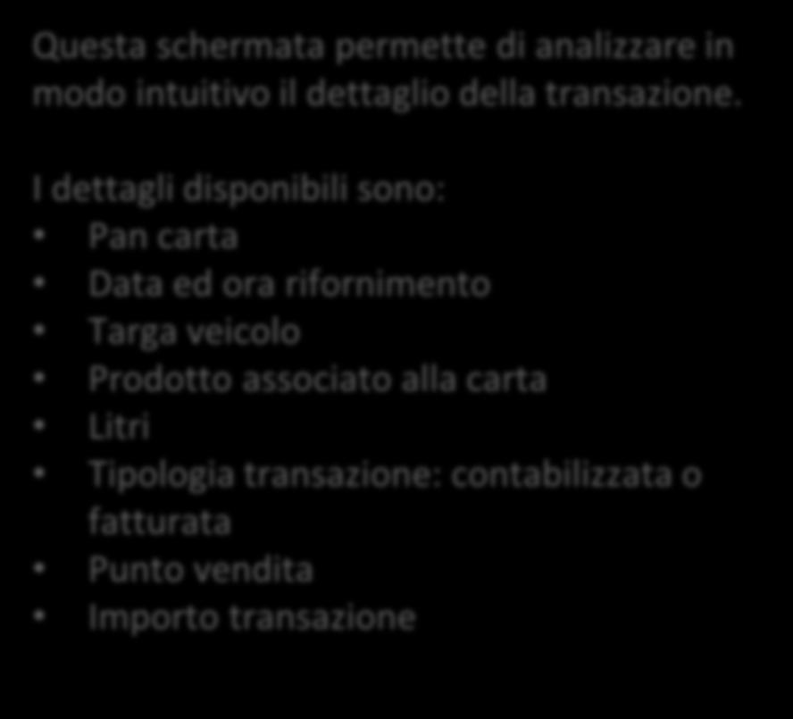 Funzione Carte: dettaglio transazione Questa schermata permette di analizzare in