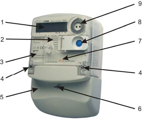 1.1 Contatore Monofase ME371 1. Display a LCD 8. Pulsanti SCROLL (blu) e RESET (arancione) 2. Dati tecnici 9. Interfaccia IR 3. Dati comuni 4. Viti chiusura custodia 5.