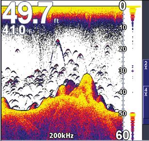 Funzionamento del sonar Risposta sonar debole: blu-rossiccio Risposta sonar forte: giallo, ampio Portata Consente di selezionare la portata massima visualizzata sul display.