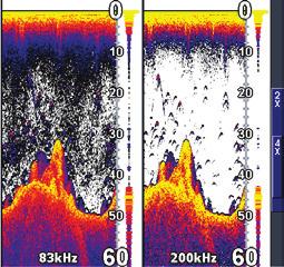 Menu frequenza 200 khz ha la maggiore sensibilità e il maggiore potere di discriminazione in acque basse. 83 khz offre un cono più ampio per una maggiore copertura.