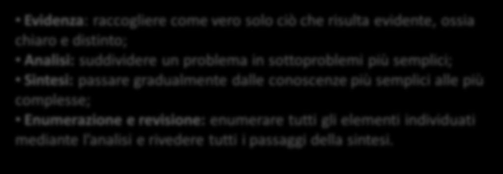 Le regole del metodo Evidenza: raccogliere come vero solo ciò che risulta evidente, ossia chiaro e distinto; Analisi: