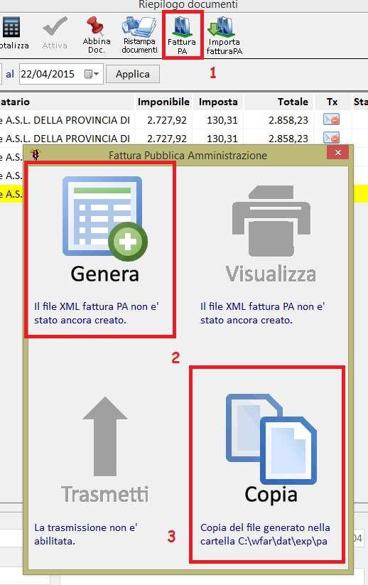 Accedendo alla visualizzazione dei documenti emessi in Interroga documenti, tramite la funzione di Fattura PA (1) si può procedere alla generazione del file xml (2), alla copia del file nella