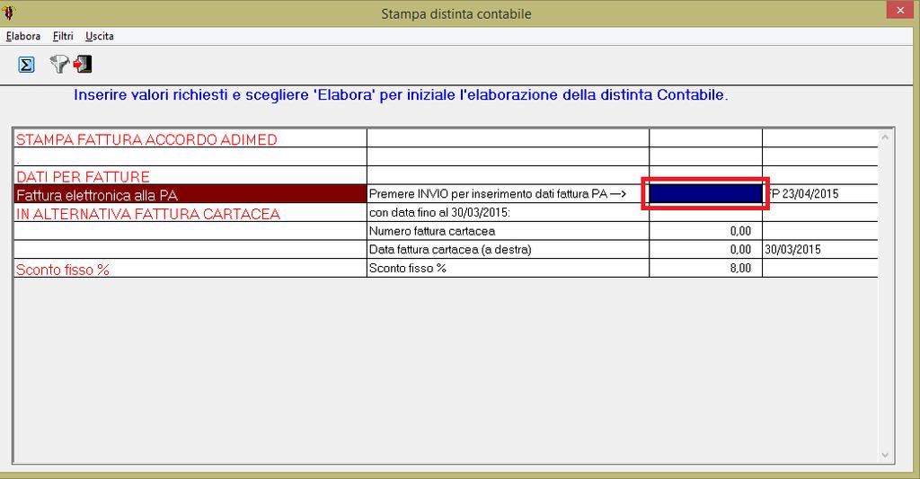 In sede di stampa della distinta viene proposto l inserimento della fattura PA come spiegato in precedenza per il WEBDPC (premere Invio nella casella riquadrata di rosso).