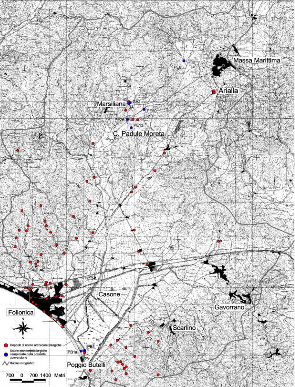 Figura 30: Localizzazione dei depositi di scorie archeometallurgiche nel bacino del F.