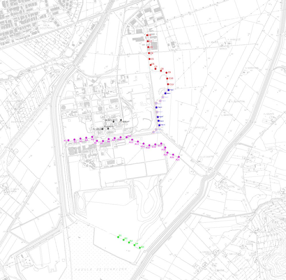 Figura 57. Stralcio planimetrico con ubicazione barrieramento idraulico: in rosso la nuova linea di progetto in zona La Botte/S.