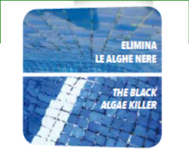 ELIMINA LE ALGHE NERE Elimina rapidamente qualsiasi tipo di alga presente in piscina. Indicato particolarmente contro le alghe nere, gialle, marroni.