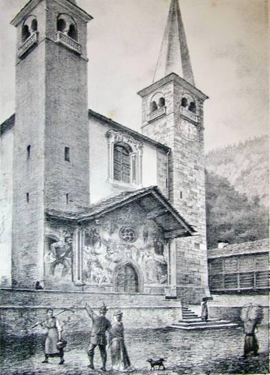 e dorato Chiesa di Alagna Chiesa di Riva Valdobbia (vecchia cartolina) [Vallino 1878] Tra il 1672 e il 1690 fu costruita una nuova chiesa (quella attuale) a tre navate, con soffitti a volta e con