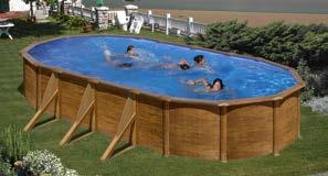 PISCINE FUORITERRA MAURITUS Piscina in pannelli in acciaio con finitura simil legno Piscina da 12 cm di altezza, con liner in PVC azzurro 40/100, profili in acciaio e angoli di protezione in