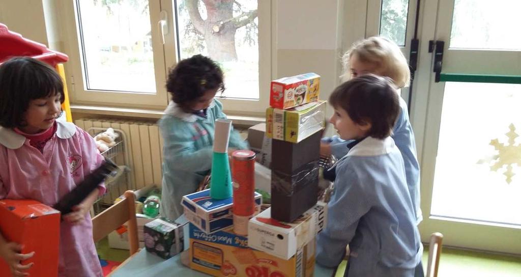 1 fase Osservazione libera I bambini sono stati invitati a portare a scuola scatole ed oggetti di forma tridimensionale e a giocarci liberamente nello spaziolaboratorio della sezione