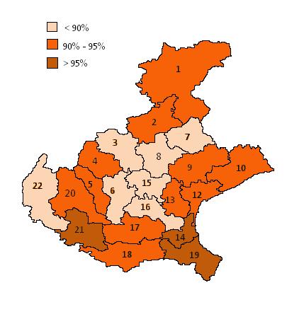 Coperture vaccinali aggiustate per prima dose di vaccino esavalente per Azienda ULSS della