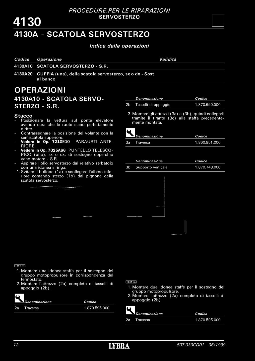 4 1 3 0 SERVO 4130A - SCATOLA SERVO Indice delle operazioni Codice Operazione Validità 4130A10 SCATOLA SERVO - S.R. 4130A20 CUFFIA (una), della scatola servosterzo, sx o dx - Sost.