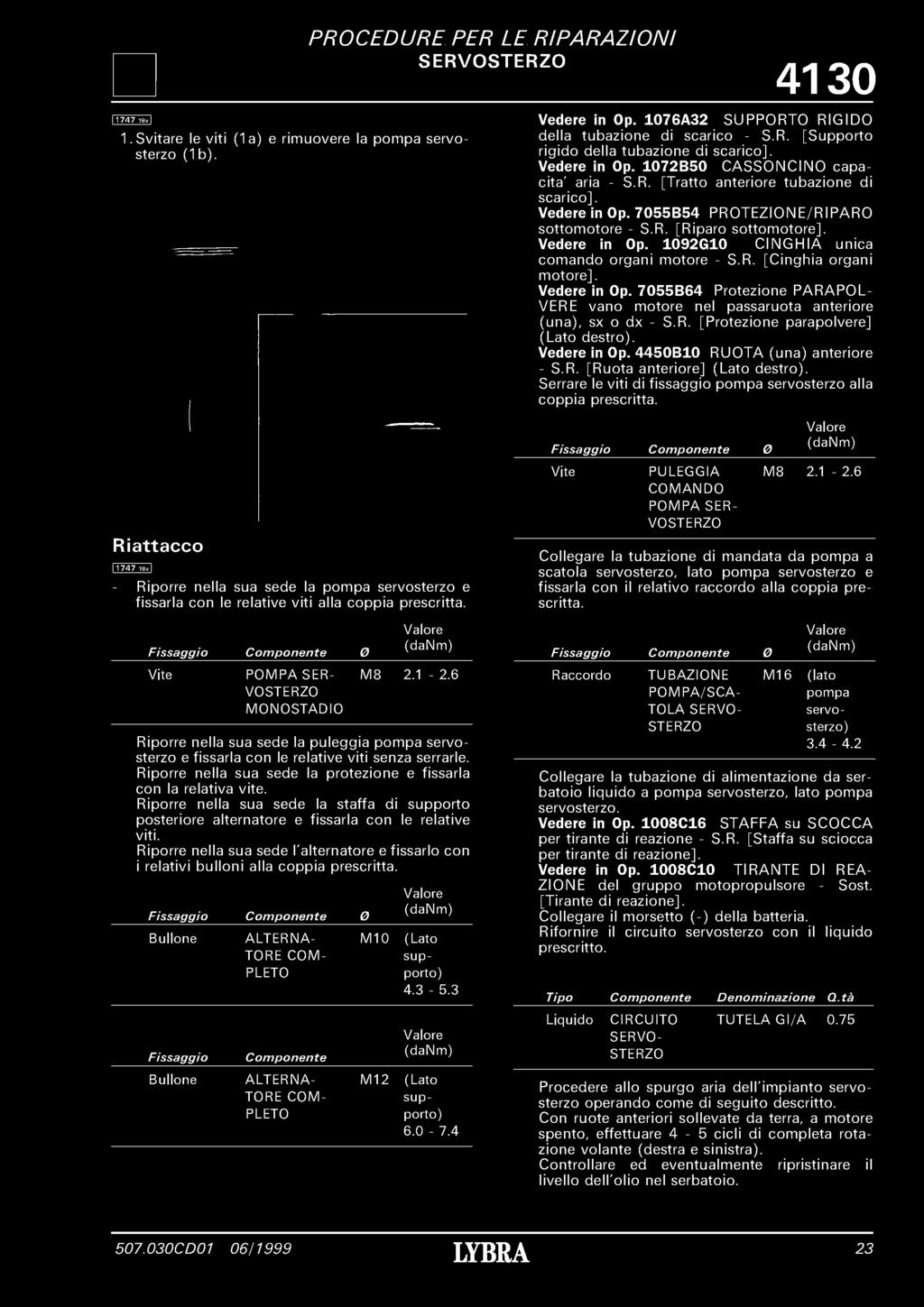 11747 1Ву 1. Svitare le viti (1a) e rimuovere la pompa servosterzo (1b). SERVO 4130 4130 Vedere in Op. 1076A32 SUPPORTO RIGIDO della tubazione di scarico - S.R. [Supporto rigido della tubazione di scarico].