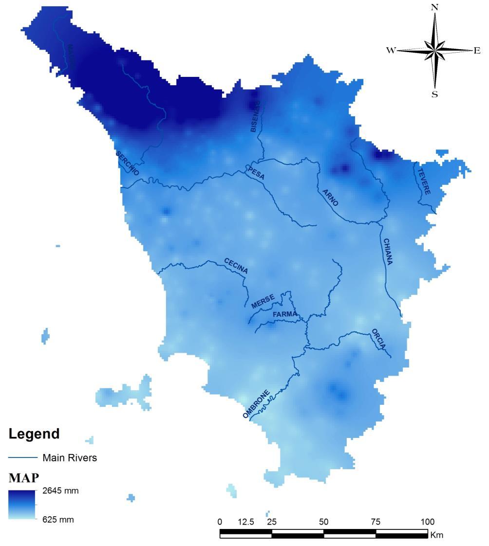 Figura 5.17: Cumulata Media Annuale di Precipitazione (MAP) per la regione Toscana da dati 1916-2003.