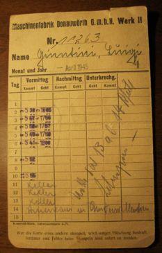 La scheda di lavoro di Luigi dell aprile 1945 alla Maschinenfabrik Donauwörth di Unterwellenborn (fotografia dell autore).